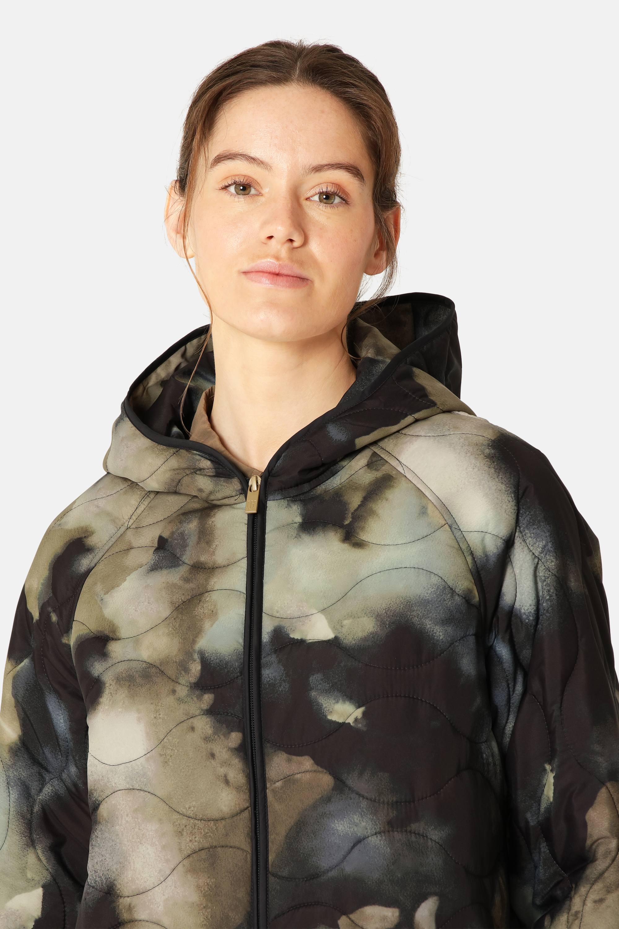 Long Quilt Jacket with Hood - Moss Print